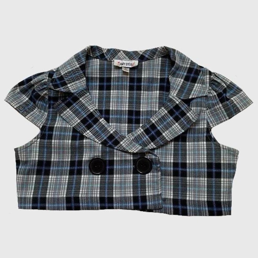 Y2K Amy Byer Preppy Punk Plaid Collared Bolero Crop Jacket Top w Buttons Size XL
